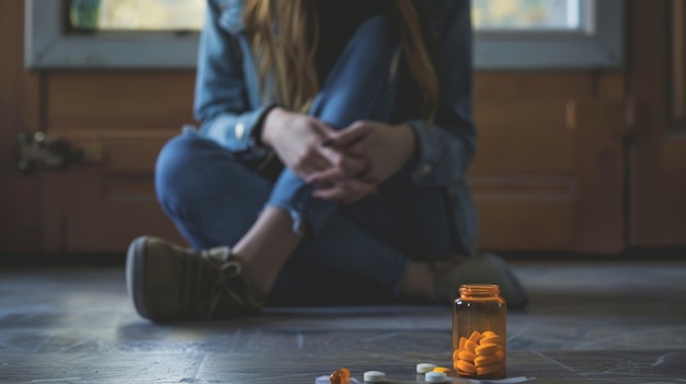 Une femme déprimée assise par terre avec des pilules à la main.
