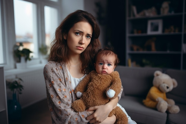 Une femme déprimée avec un bébé triste et mignon.