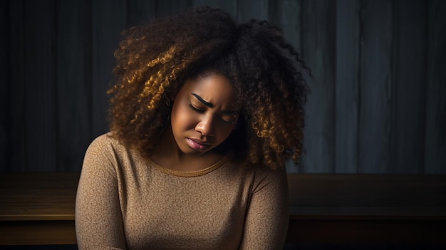 Femme déprimée à la peau noire avec la tête baissée Dépression solitude et concept de santé mentale