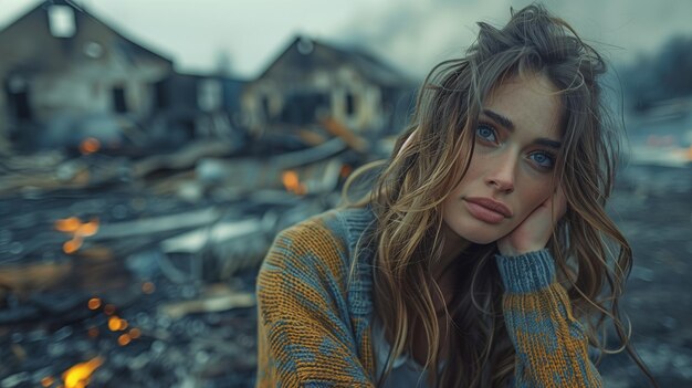 Photo une femme déprimée, propriétaire de la propriété, lève la tête en examinant le jardin et la maison détruits par l'incendie.