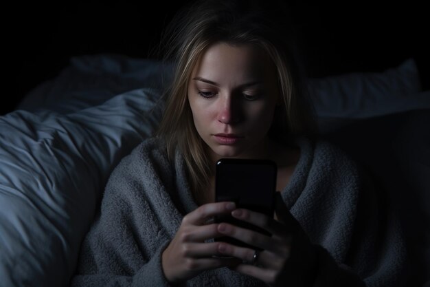 Une femme déprimée avec un téléphone à la main dans la chambre au lit.