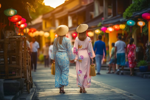 Photo une femme de derrière portant une robe traditionnelle vietnamienne marche dans une rue asiatique