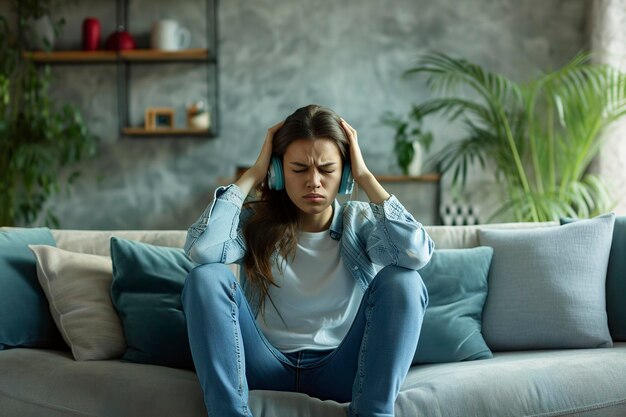 une femme désespérée assise sur le canapé à la maison