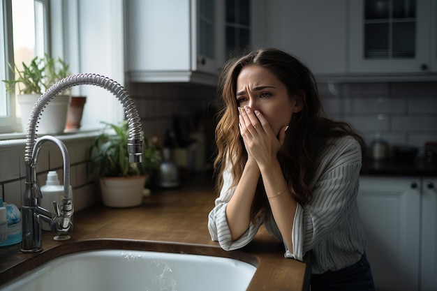 Une femme désespérée devant son évier de cuisine, semblant inquiète à propos d'un problème de plomberie AI générative