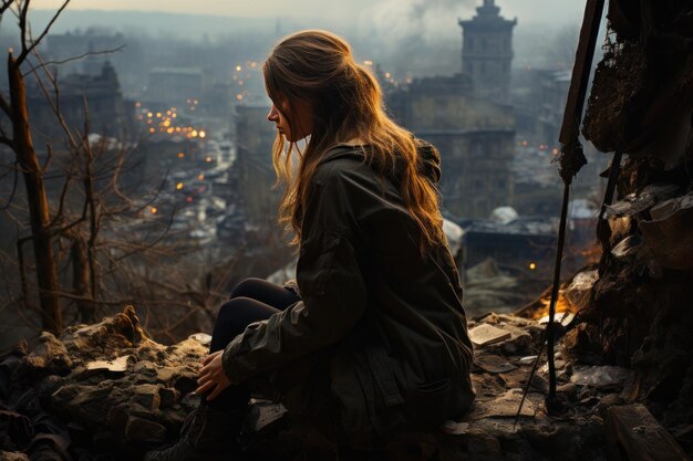 Une femme désespérée est assise et regarde le bombardement de Kiev dans la guerre en Ukraine.