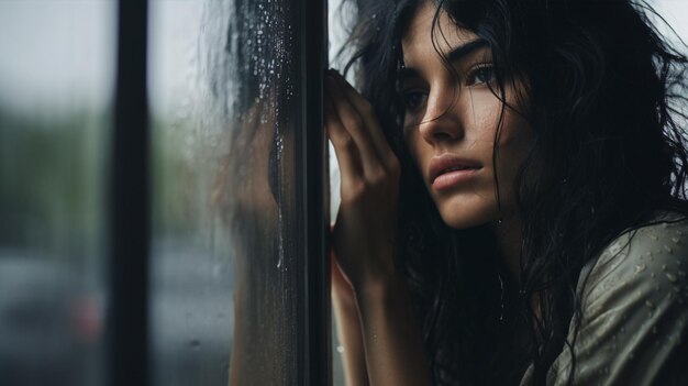 Une femme désespérée réfléchit aux perplexités et à la beauté de la vie. Les chagrins regardent par une fenêtre non déguisée.
