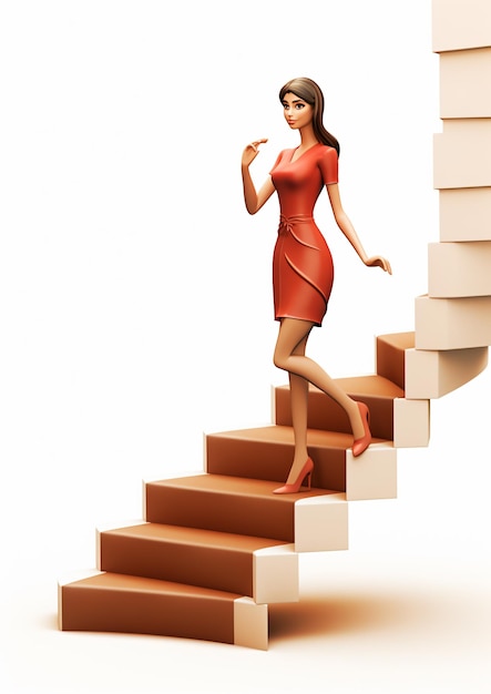 Photo femme de dessin animé en 3d descendant les escaliers isolée sur le blanc