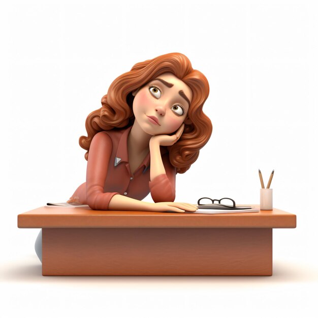 Une femme de dessin animé épuisée en 3D s'appuyant sur son bureau isolée