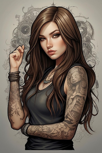 Photo une femme dessin animé une fille tatouée illustration ai générée