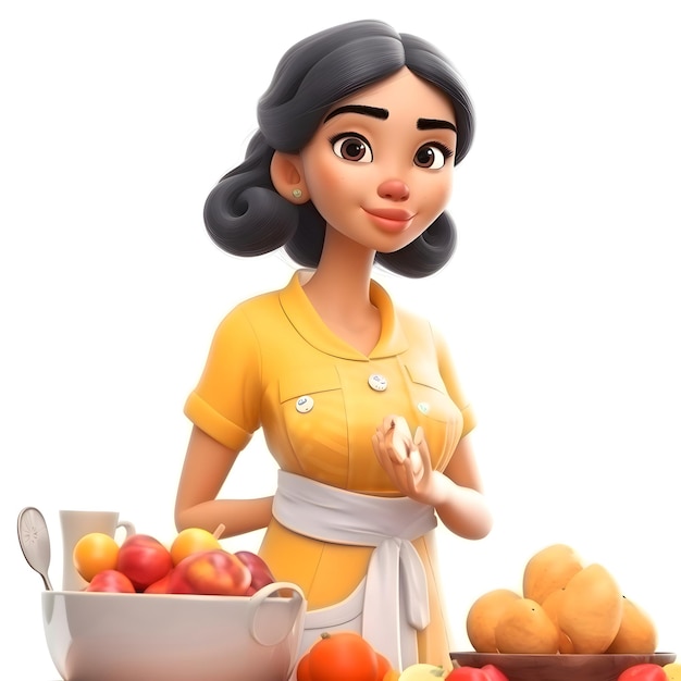 Femme de dessin animé avec des fruits dans la cuisine isolée sur fond blanc