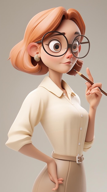 Femme de dessin animé avec des lunettes et un crayon dans sa main ai générative