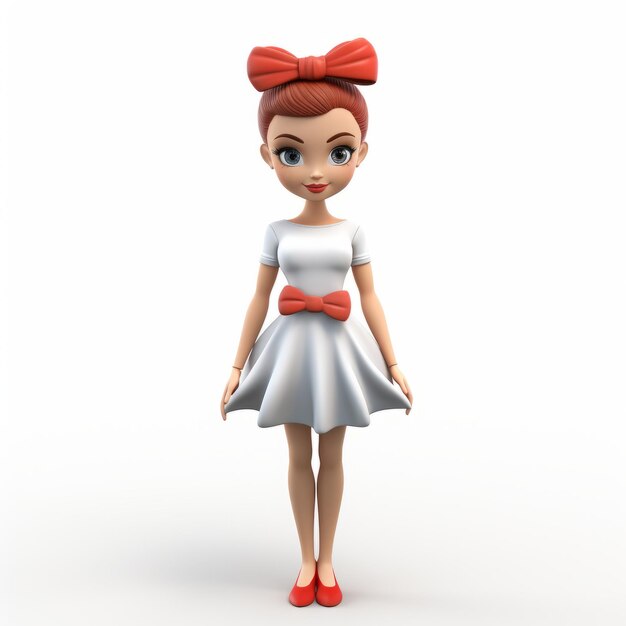 Femme de dessin animé réaliste en 3D avec une coiffure Chignon et un nœud rouge