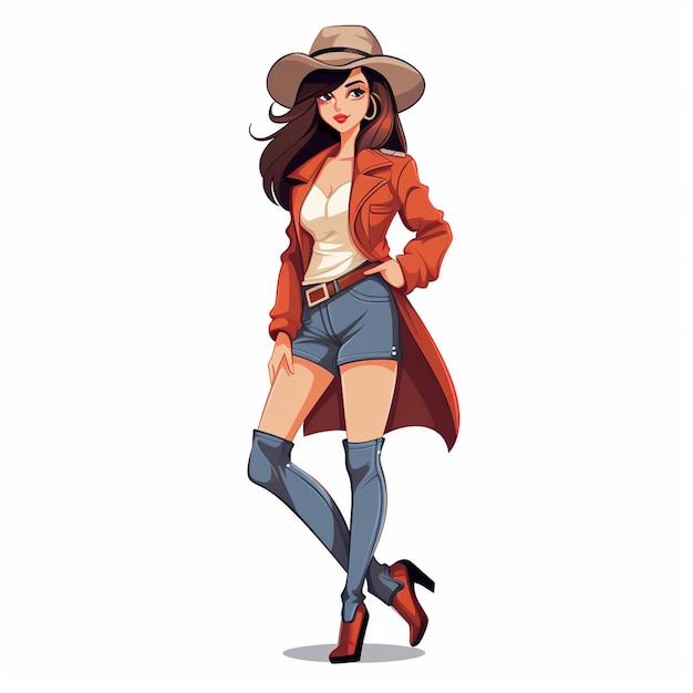 Photo femme de dessin animé en tenue de cow-boy et chapeau avec bottes et chapeaux