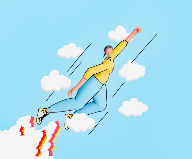 Femme de dessin animé volant dans le ciel avec des nuages