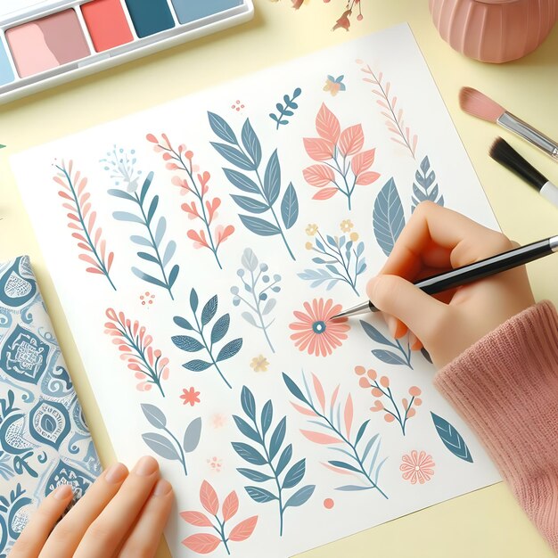 Photo une femme dessine un dessin sur un papier avec des fleurs et des feuilles