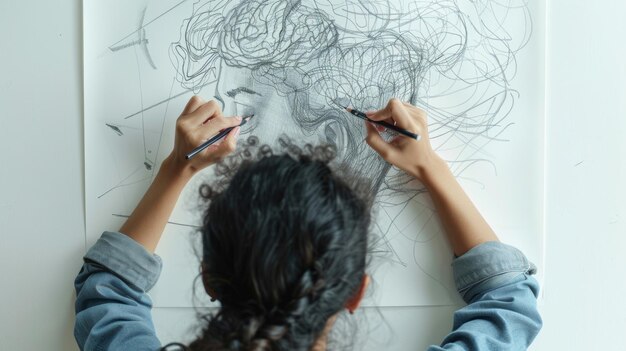 Une femme dessine entourée de motifs neuronaux lumineux symbolisant un esprit créatif s'engageant dans l'art thérapeutique pour le bien-être mental dessin neurographique