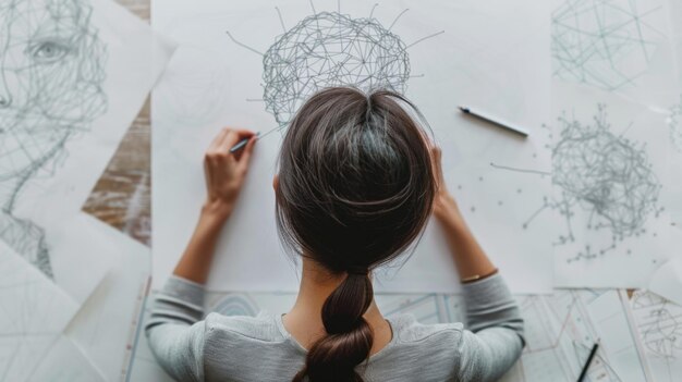 Une femme dessine entourée de motifs neuronaux lumineux symbolisant un esprit créatif s'engageant dans l'art thérapeutique pour le bien-être mental dessin neurographique