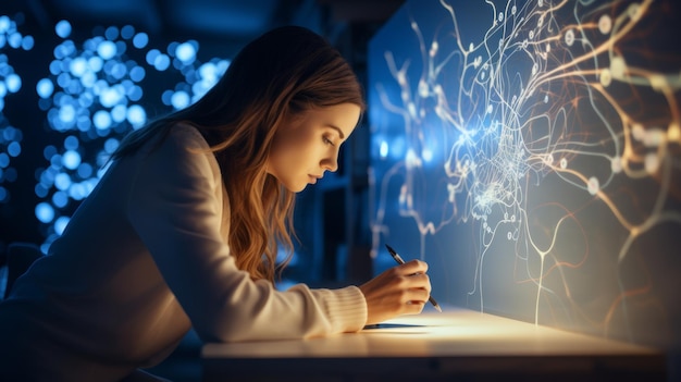 Photo une femme dessine entourée de motifs neuronaux lumineux symbolisant un esprit créatif s'engageant dans l'art thérapeutique pour le bien-être mental dessin neurographique