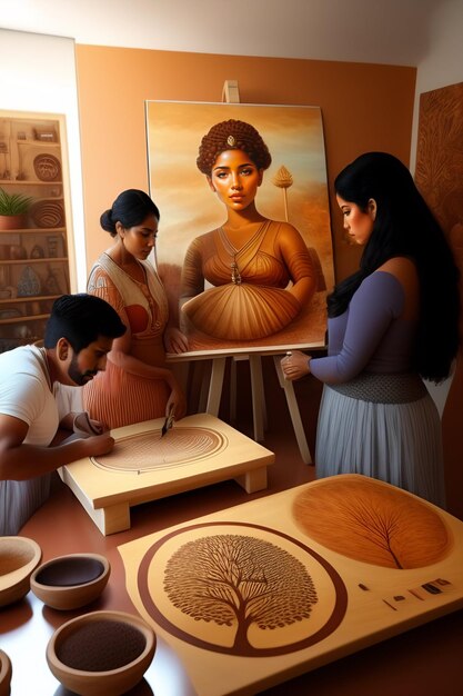 Photo une femme dessine une femme sur une toile.