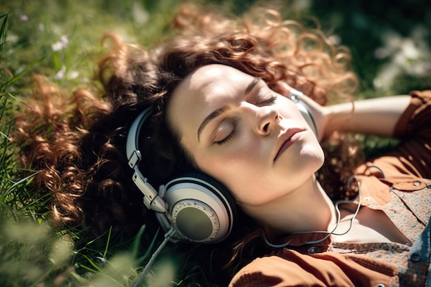 Femme détendue allongée sur l'herbe écoutant de la musique avec des écouteurs dans un parc Generative AI