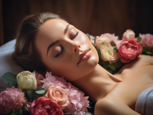 Femme détendue allongée sur un lit de spa pour un massage du visage et de la tête par un massothérapeute