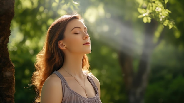 Photo une femme détendue respirant de l'air frais dans une forêt verte