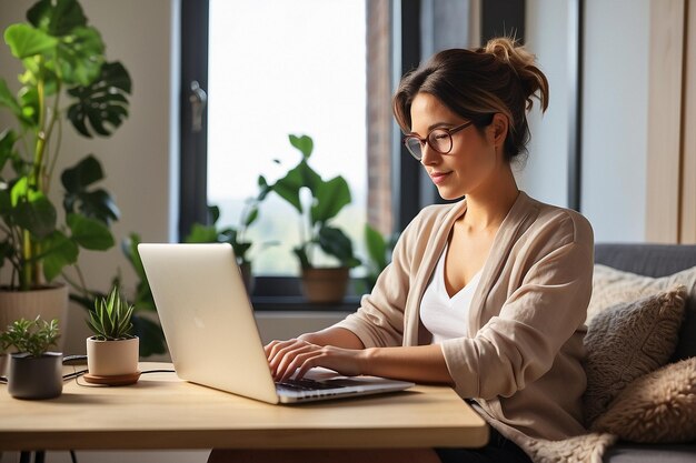 Une femme détendue travaillant à domicile sur son ordinateur portable