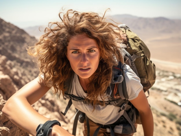 Une femme déterminée gravit un sentier de montagne escarpé