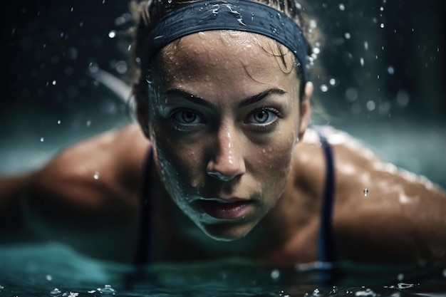 Femme déterminée qui s'entraîne à la natation en tant qu'athlète IA générative