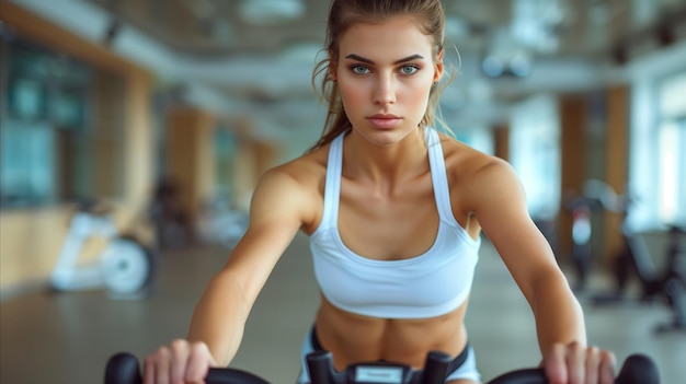 Une femme déterminée s'entraîne sur un vélo stationnaire dans un gymnase