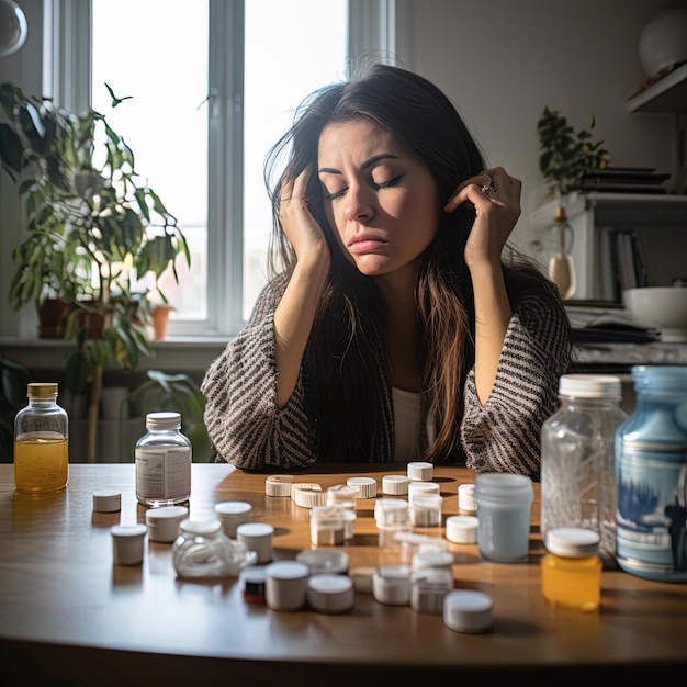 Photo une femme en détresse luttant contre de graves maux de tête examinant des médicaments représentation de la lutte contre la migraine à 30 ans