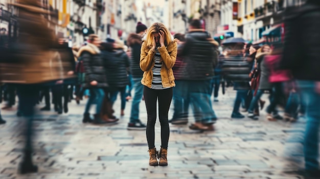 Photo une femme en détresse se tient dans une rue animée couvrant son visage avec ses mains avec le monde autour d'elle flou en mouvement