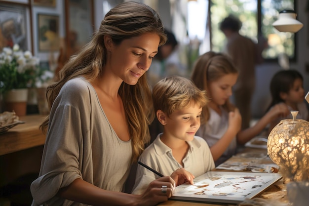 Une femme et deux enfants assis à une table Petit groupe éducatif