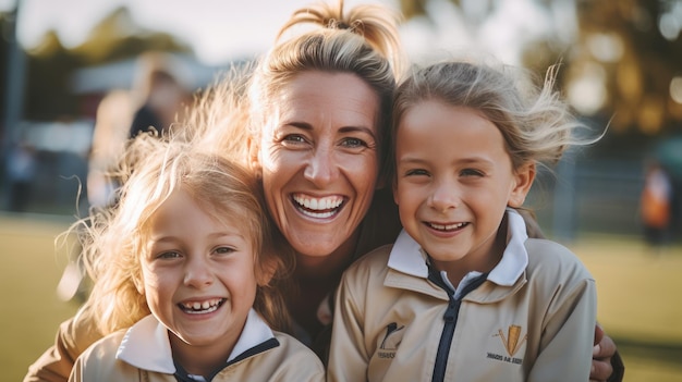 Une femme et deux enfants portant des vestes avec les mots "équipe nationale féminine"