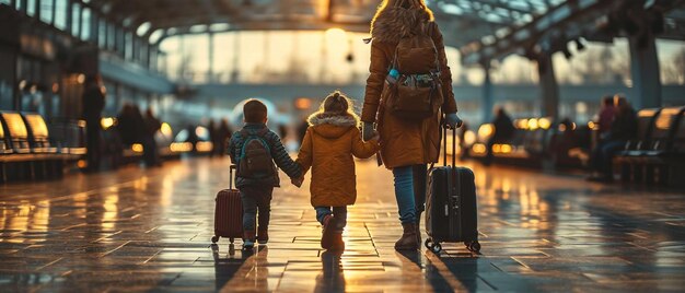 Photo une femme et deux jeunes enfants traversant un aéroport