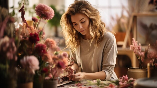 Photo une femme devant un bouquet de fleurs