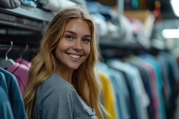 Une femme devant un étagère de chemises