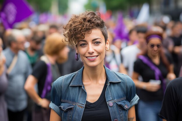 Une femme devant une foule