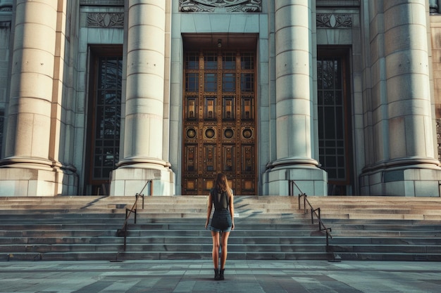 Une femme devant un grand bâtiment