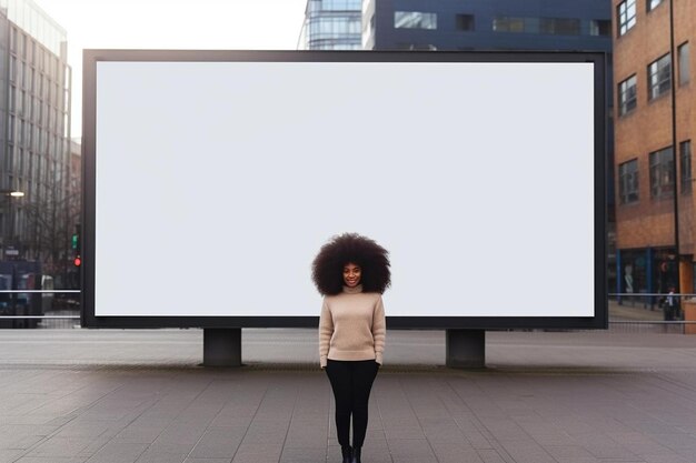 une femme devant un grand panneau d'affichage