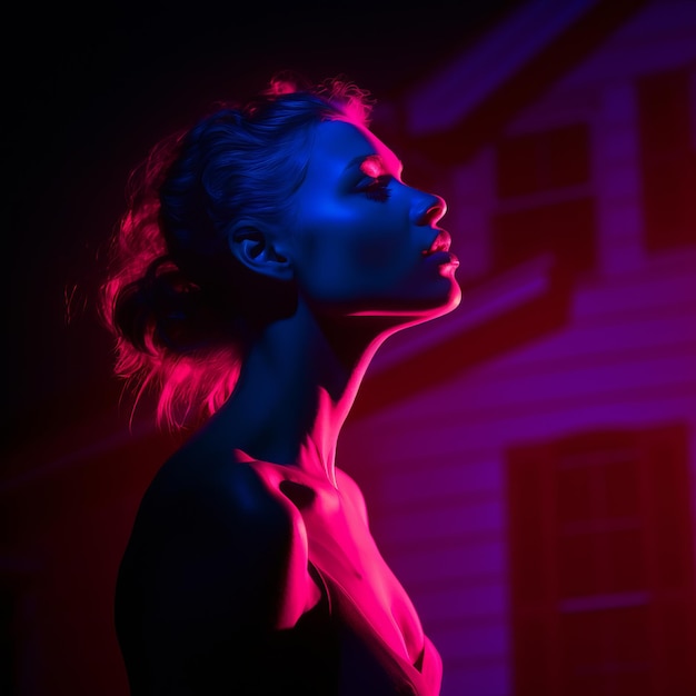 une femme devant une maison avec des néons