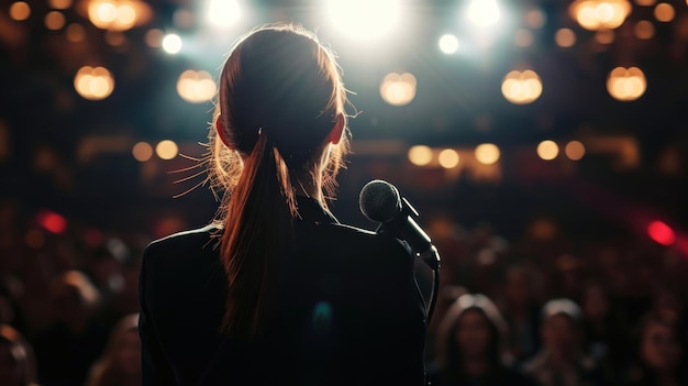 Une femme devant un microphone