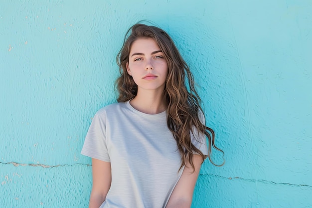 Une femme devant le mur bleu