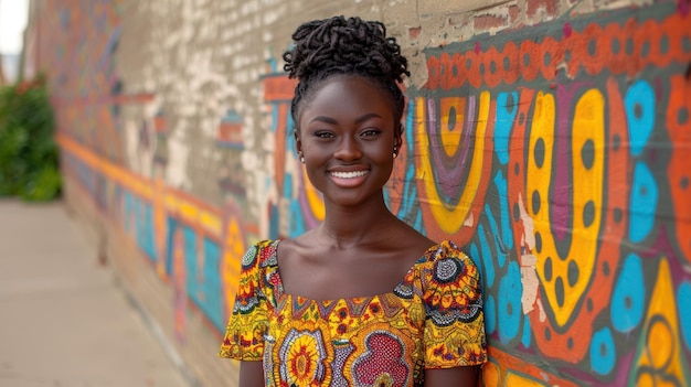 Une femme devant un mur coloré