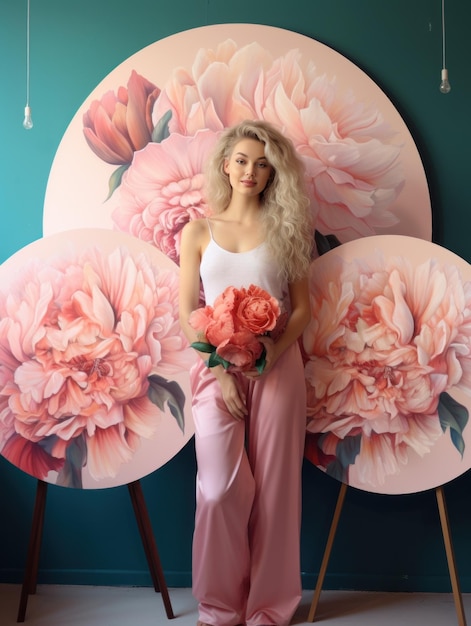 Une femme devant un mur de fleurs