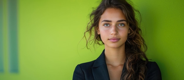 Une femme devant le mur vert