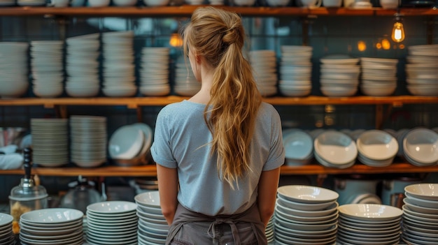 Une femme devant des piles d'assiettes