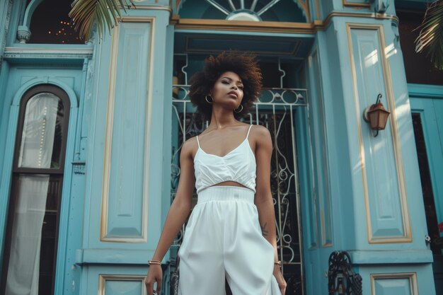 Une femme devant la porte bleue