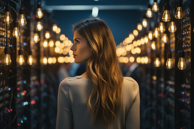 Une femme devant une rangée de lumières