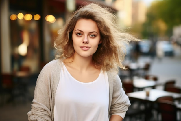 Une femme devant un restaurant.